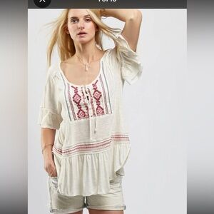 Free People Women's Cream Red Embroidered Peasant Blouse Top Size S